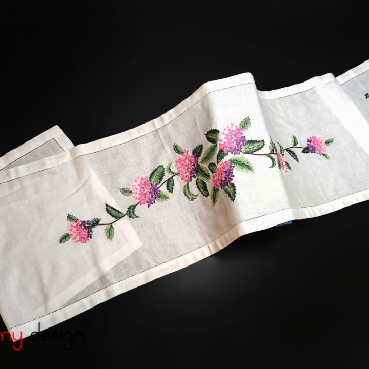 Table runner -pink and purple Dalat hydrangea  embroidery